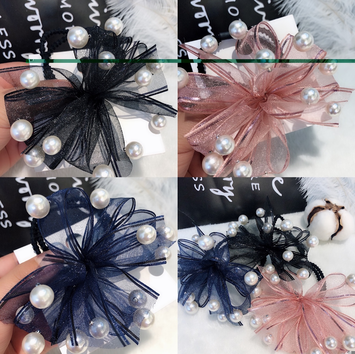 韩版亮纱织带订白珍珠皮筋头花