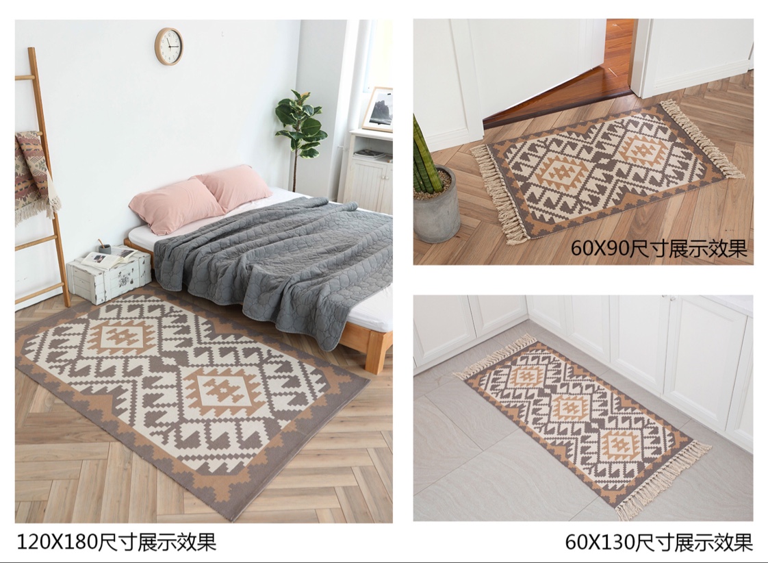 名杨织秀棉线编织印花复古北欧风格流苏手工打结地垫家用卧室地毯产品图