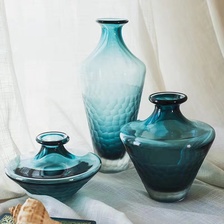 摹刻花瓶玻璃透明创意摆件三角口锤纹目客厅干花插花饰品