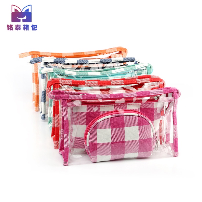 New PVC cosmetic bag big plaid canvas three sets of cosmetic bag wash bag handbag manufacturers direct sales