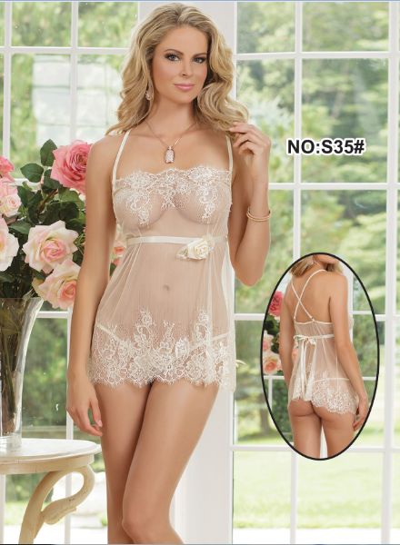 Elegant White Lace Pajama Nightdress s35 in soft lighting
