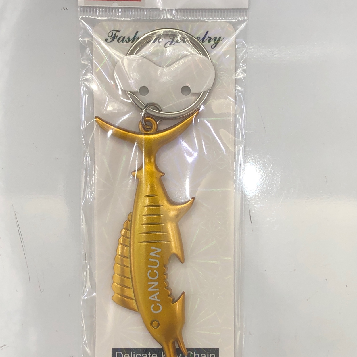 Spray painted yellow swordfish key chain thumbnail