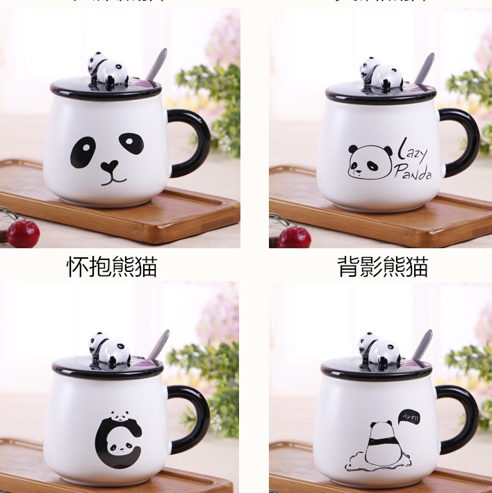 Creative gifts hand-painted Panda ceramic mug cartoon breakfast mug with cover scoop department store wholesale mugs custom thumbnail