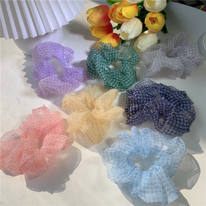 Korean school style organza checkered large intestine hair band, women's chiffon bun hair rope, ponytail rope, Instagram Internet celebrity hair accessory details Picture