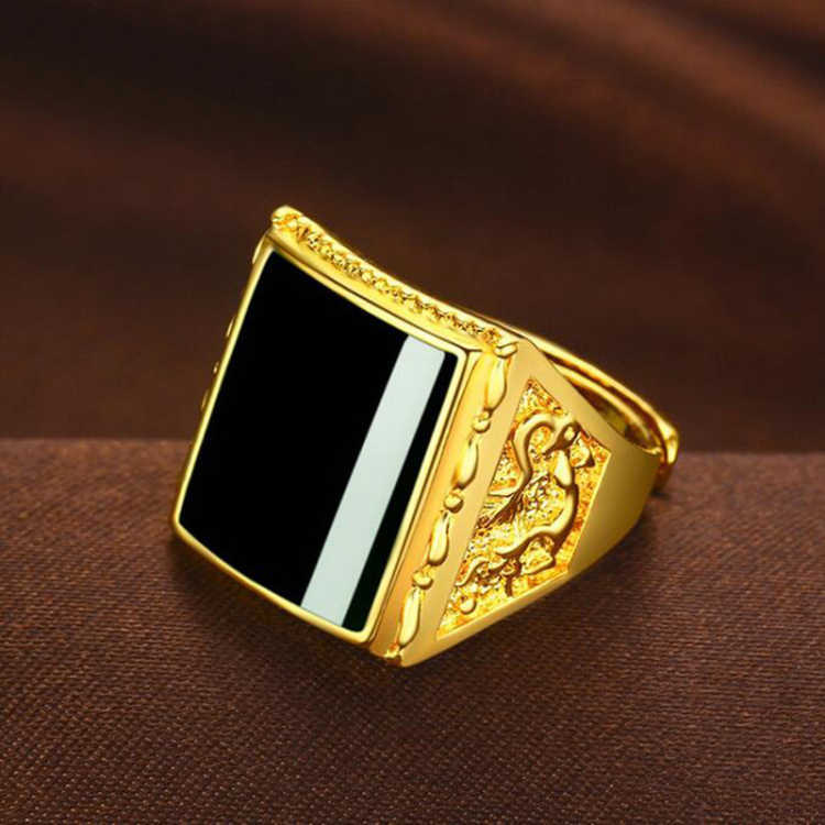 New pure brass gold-plated ring, agate sand gold ring, men's European coin set with gemstones and jade Specification image
