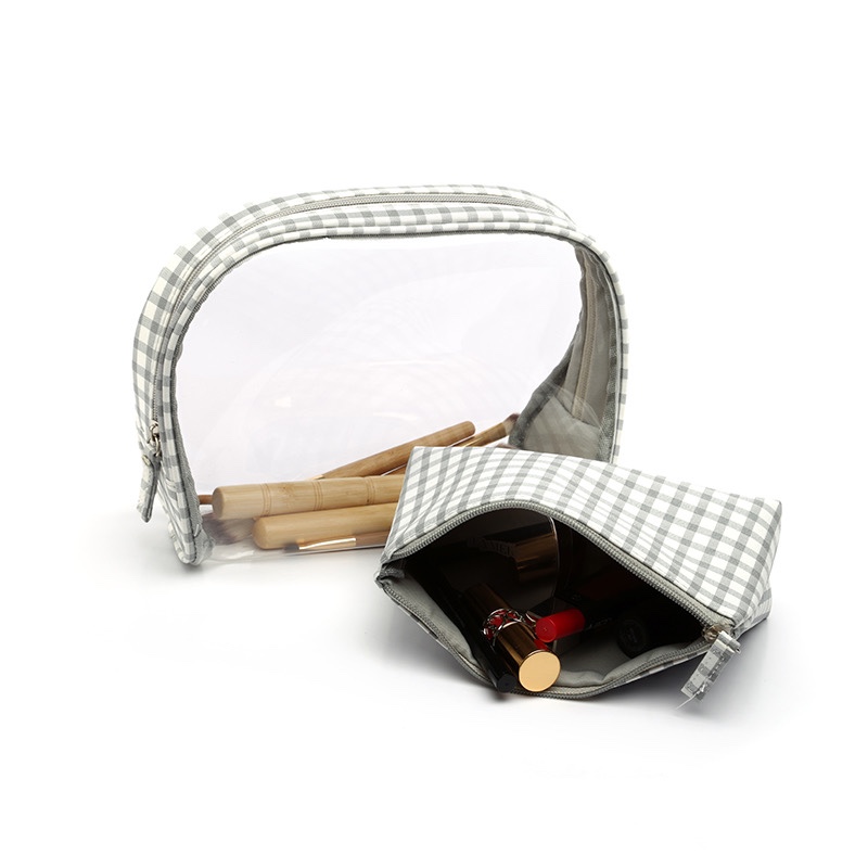 Nuevo estilo bolsa de maquillaje de PVC conjunto de dos piezas pequeña tartan lona clutch bolsa de maquillaje de mujer bolsa de maquillaje bolsa de tocador Specification image