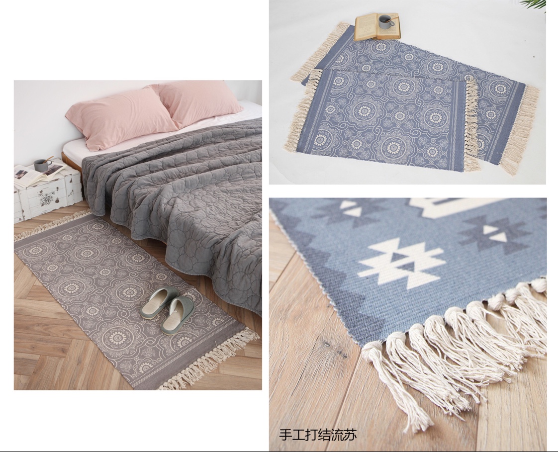 名杨织秀棉线编织印花复古北欧风格流苏手工打结地垫家用卧室地毯细节图