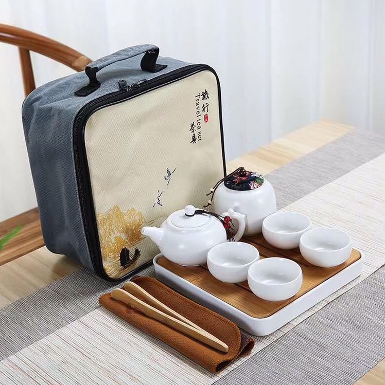 Kun Kun Ceramics Factory Direct Sales of Ding Kiln Travel Kung Fu Tea sets, travel set, one pot, four cups, portable bag with tea canister, customized logo 115