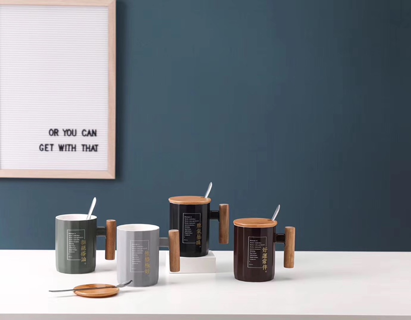 Customized creative Nordic Mugs wooden handle with lid multi-purpose water mug gift box set retro ceramic mug