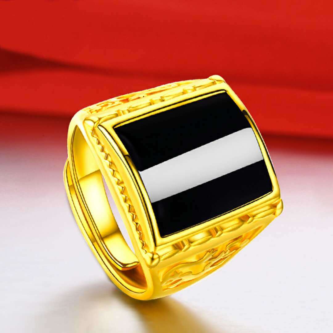 New pure brass gold-plated ring, agate sand gold ring, men's European coin set with gemstones and jade Application Scenario