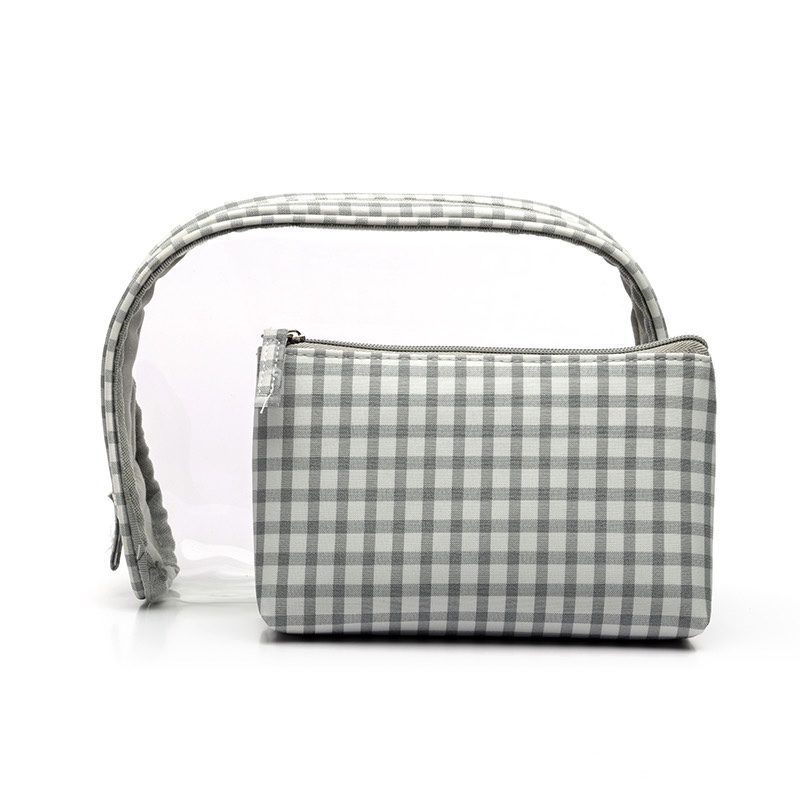 Nuevo estilo bolsa de maquillaje de PVC conjunto de dos piezas pequeña tartan lona clutch bolsa de maquillaje de mujer bolsa de maquillaje bolsa de tocador details Picture