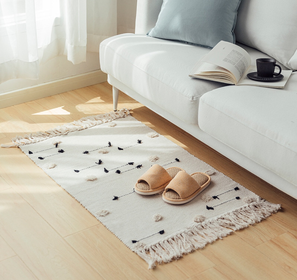 剪花圆圈60x90 簇绒流苏地垫现代简约百搭卧室小地垫家用吸水脚垫白底实物图