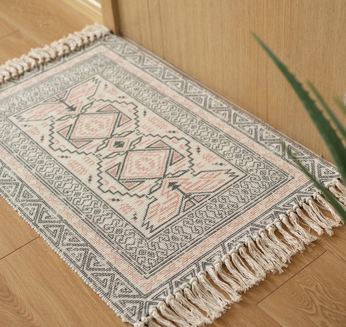 名杨织秀棉线编织数码印花簇绒进门垫流苏60X90床边垫换鞋脚垫白底实物图