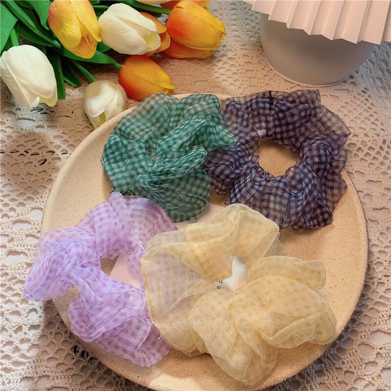 Korean school style organza checkered large intestine hair band, women's chiffon bun hair rope, ponytail rope, Instagram Internet celebrity hair accessory Specification image
