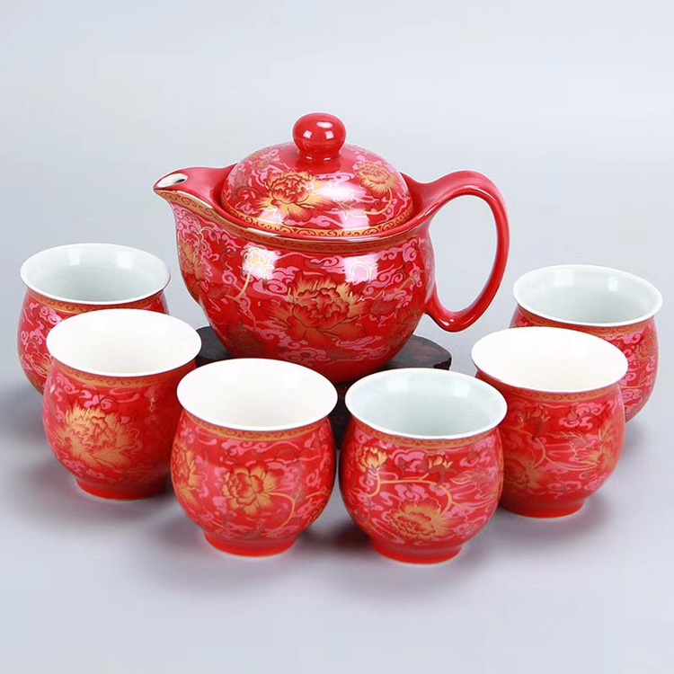 7-Head ceramic tea set double cup set Teapot teacup red glaze kung fu tea set ironing proof gift thumbnail