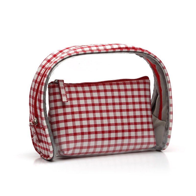 Nuevo estilo bolsa de maquillaje de PVC conjunto de dos piezas pequeña tartan lona clutch bolsa de maquillaje de mujer bolsa de maquillaje bolsa de tocador Item Picture