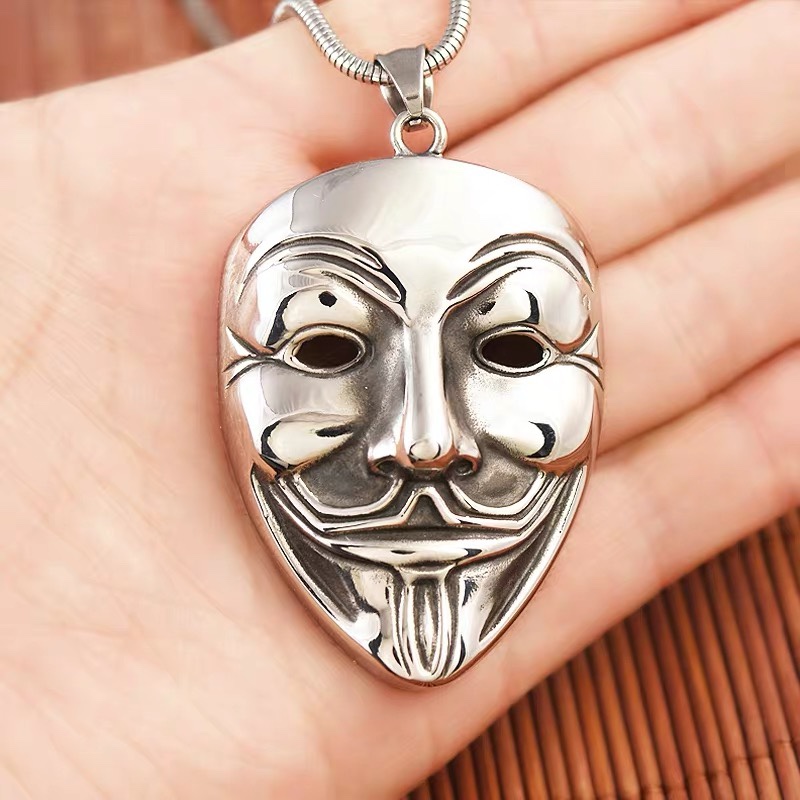 Romantic men's mask necklace with a sense of mystery, titanium steel simple mask pendant, European and American trend long pendant full figure