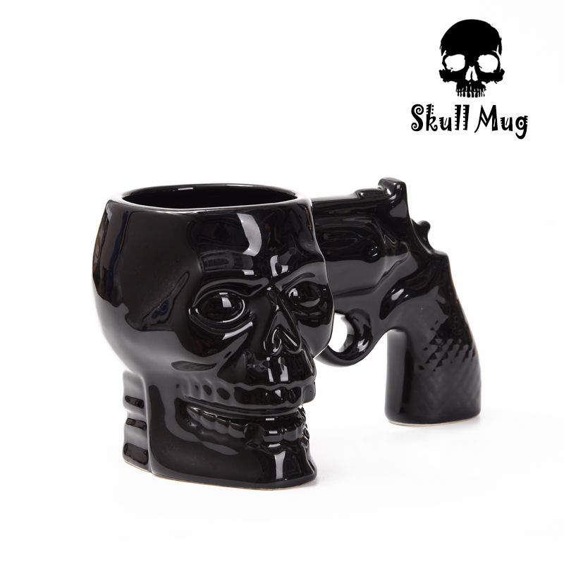 Creative Hipster Skull Sculpting Mug Skull Revolver Ceramic Mug Personality Skull Handle Bone China Mug Item Picture