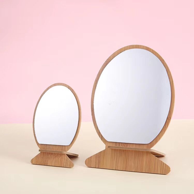 Small mirror desktop portable detachable dressing wood mirror oval thumbnail