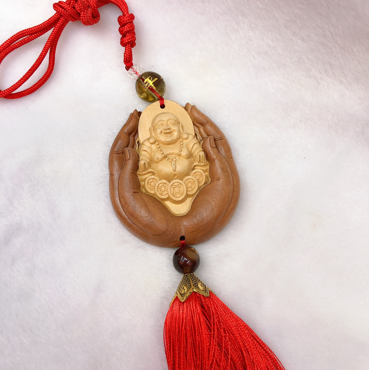 Hand rope creative pear poplar wood carving Laughing Buddha baoping pendant. thumbnail