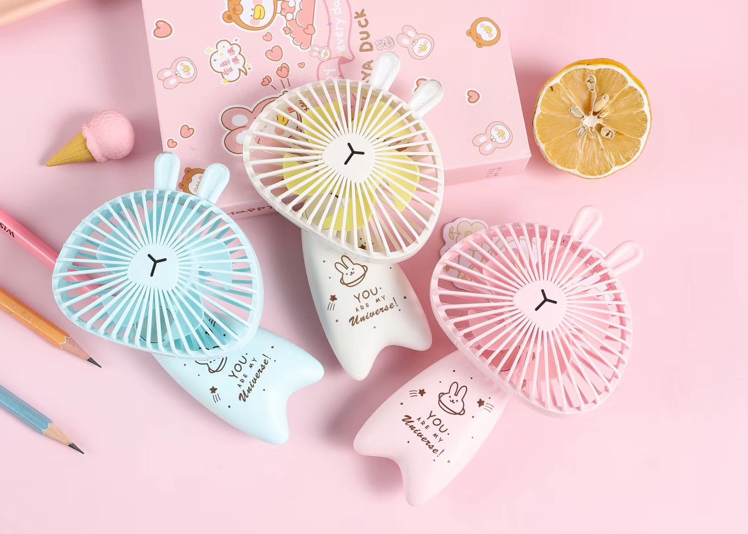 USB Fan Mini Hand-held small fan Mute cute Rabbit kids hand-held folding portable fan