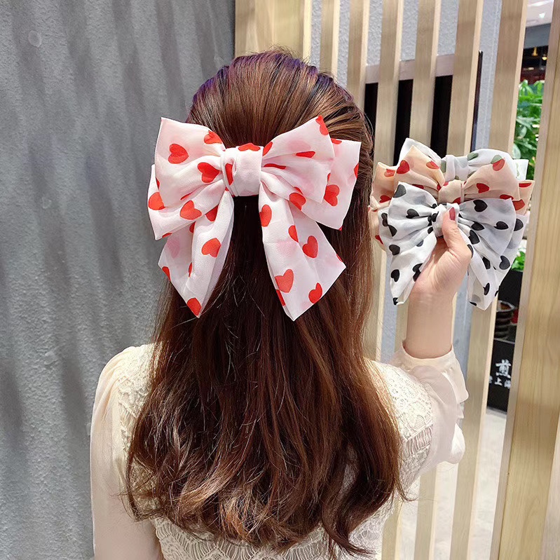 Web celebrity hot style satin plain coloured printing color mixture big bowknot 🎀 hairpin, sinews thumbnail