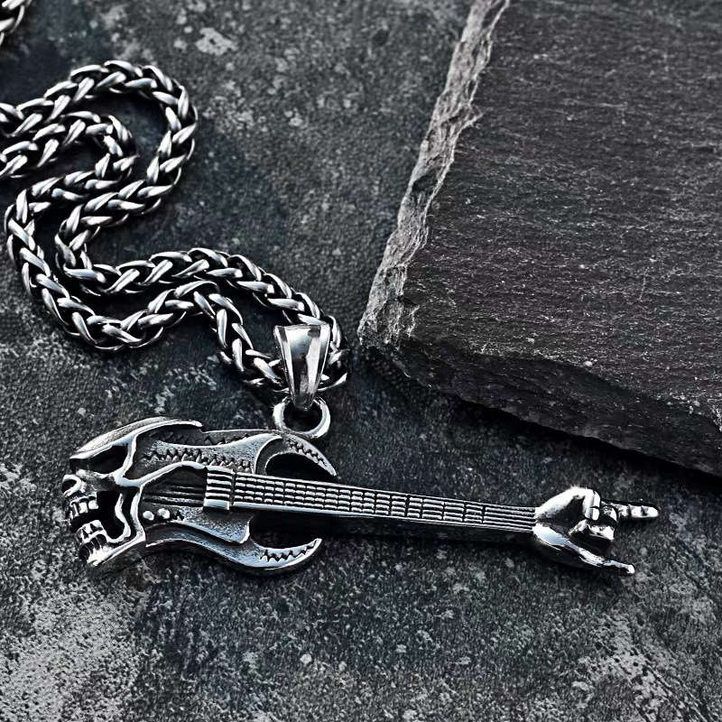 Hip-hop skull bass guitar necklace, men's retro music personalized instrument titanium steel pendant, student accessories details Picture