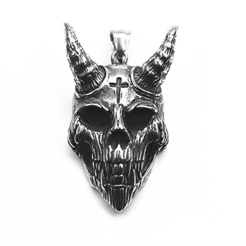 Retro and powerful devil Satan Cross skull pendant titanium steel men's necklace, personalized and trendy punk-style sweater chain full figure