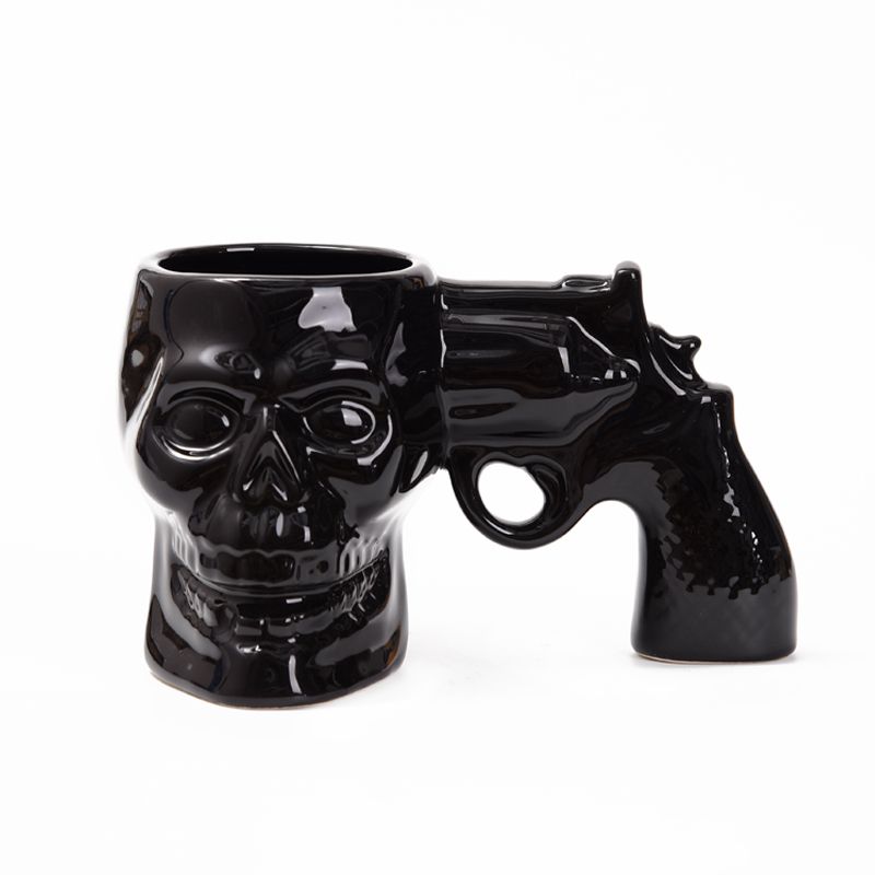 Creative Hipster Skull Sculpting Mug Skull Revolver Ceramic Mug Personality Skull Handle Bone China Mug Specification drawing