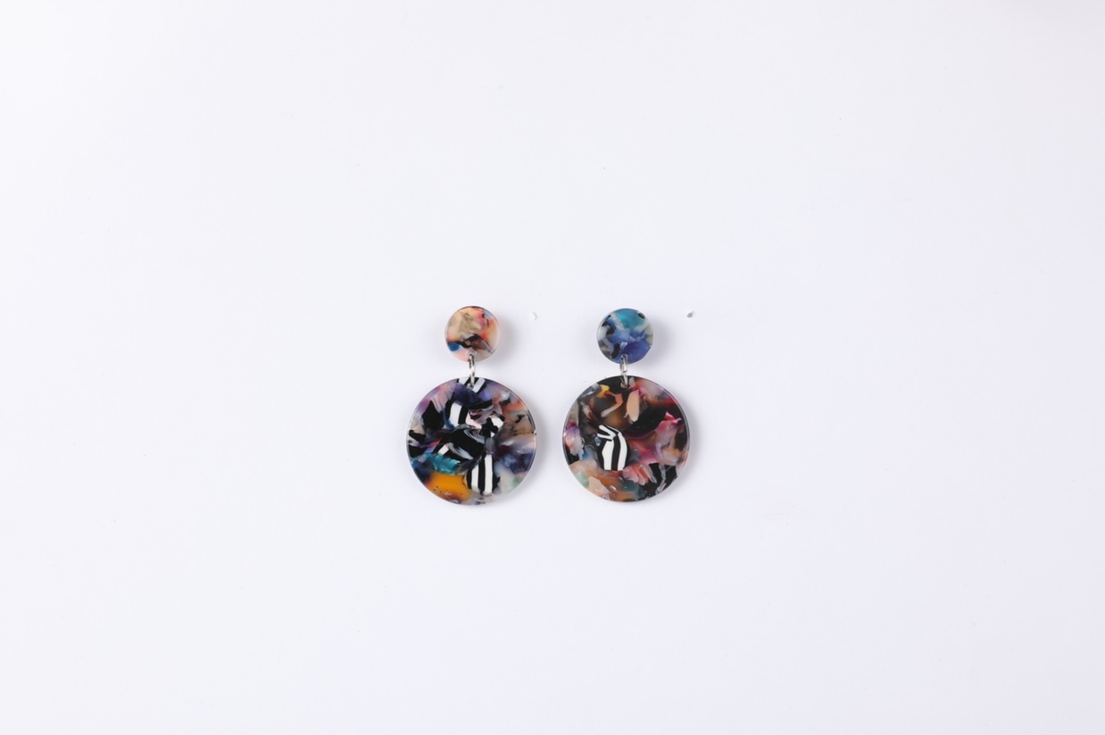 Korean-style earrings, double round size round plate cut resin pendant, leopard print Hong Kong-style shell Billon -11