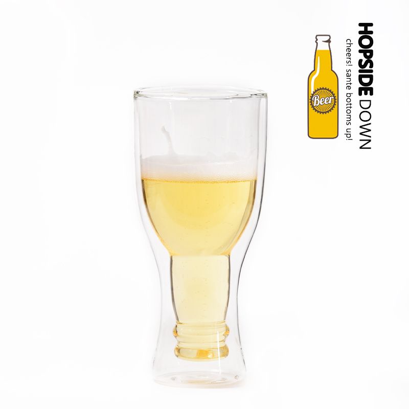 创意倒置酒瓶玻璃杯 倒置啤酒造型玻璃杯 3D双层隔热啤酒玻璃杯