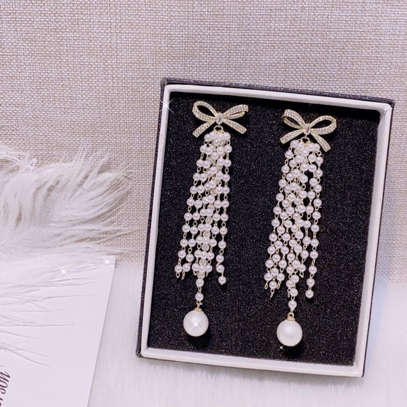 BAO STYLE: Retro bright diamond bow handmade freshwater pearl tassel earrings European and American temperament earrings female bar code 2551 108 thumbnail