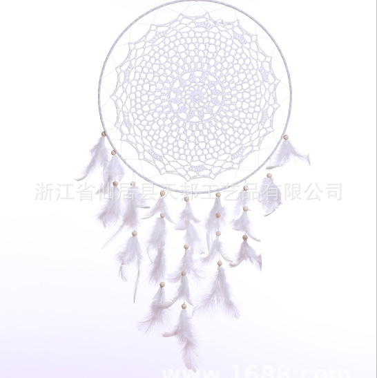 Tianbang Indian Dreamcatcher, Feather wind chime decoration, Home craft, Indoor wedding gift, white hook flower, handcrafted, 33Cm