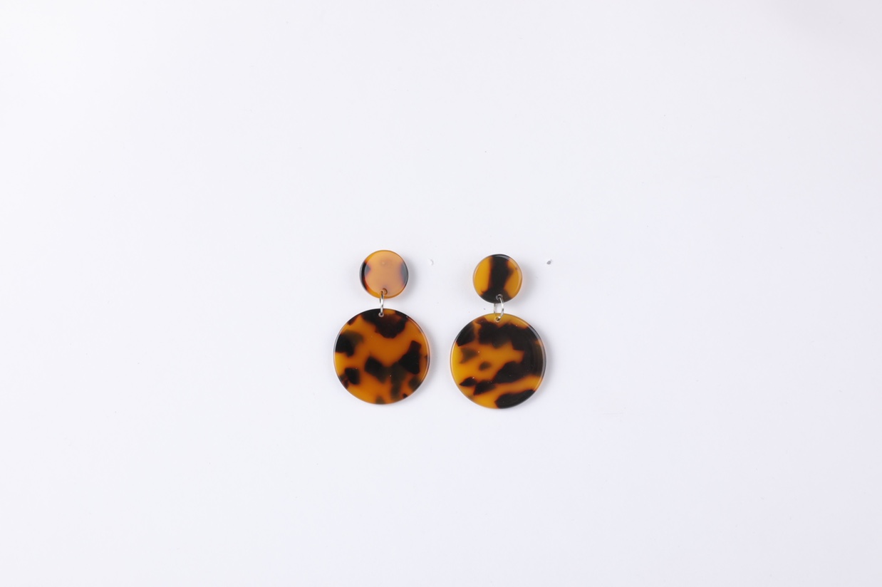 Korean-style earrings, double round size round plate cut resin pendant, leopard print Hong Kong-style shell Billon -11 Specification image