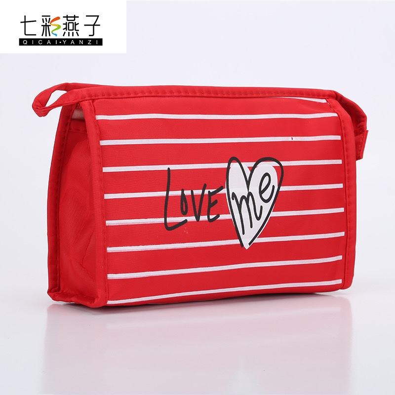 Striped heart-shaped briefcase Nylon hand bag cosmetic bag Cosmetic bag Wash bag storage bag