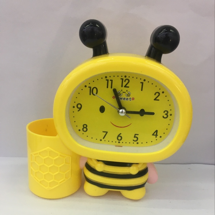 Student cartoon fashion little alarm clock, little bee with pen holder, table clock details Picture