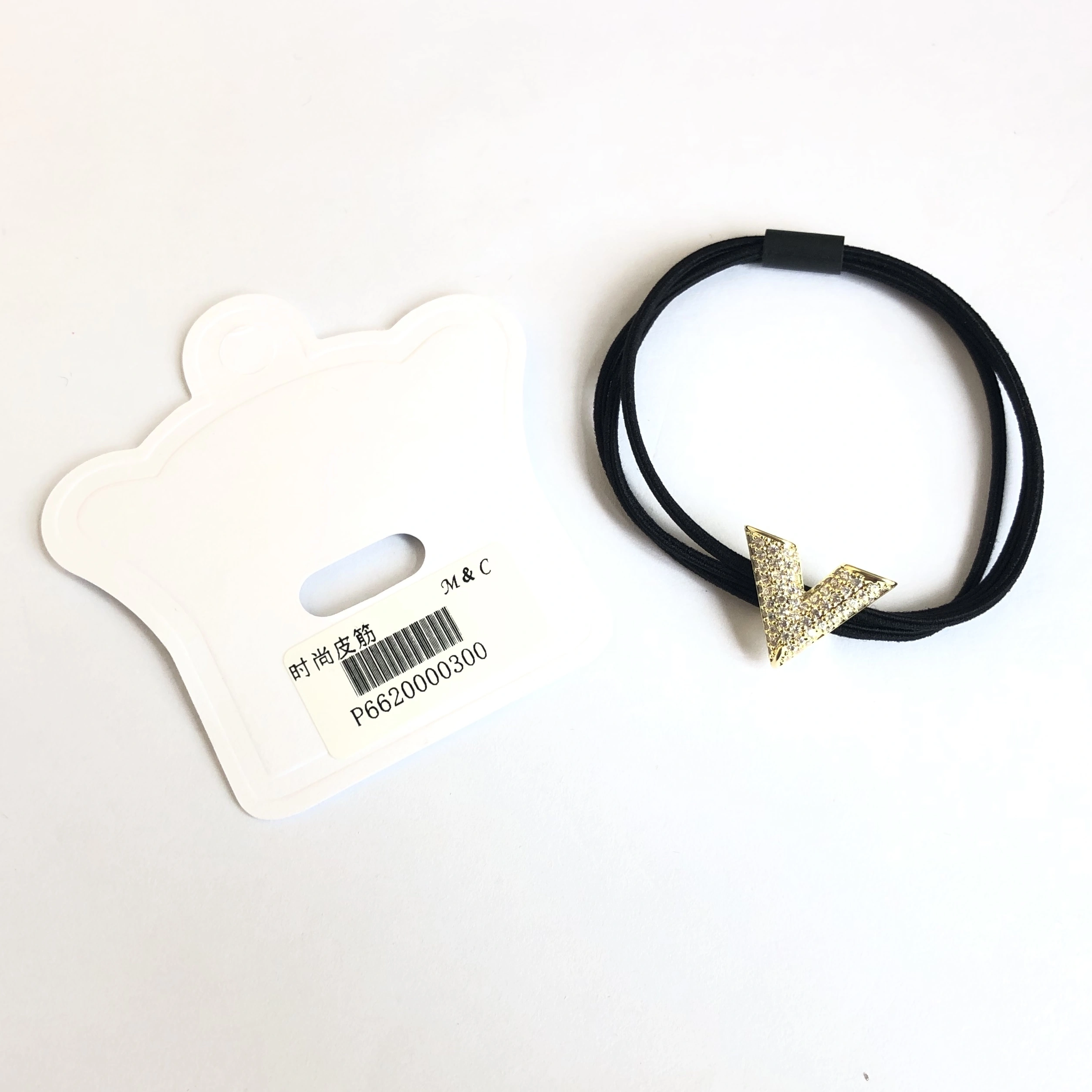 Korean style diamond-encrusted "V" three-strand black nylon rubber band detail image 1