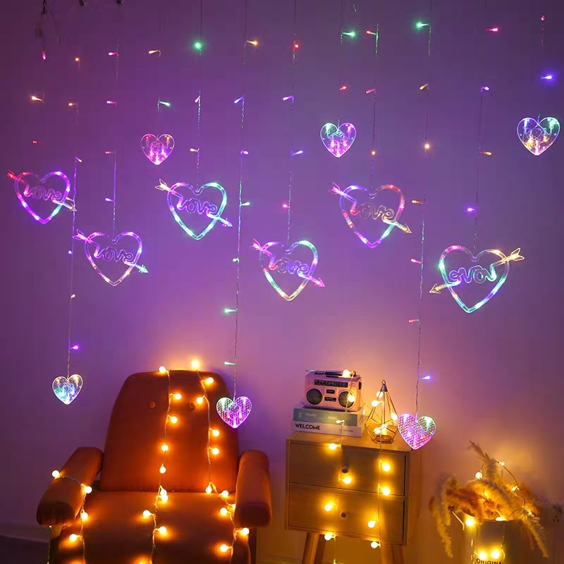 Heart-shaped letter curtain light, 3 meters wide, curtain light decoration string light, Christmas heart-shaped decoration festive atmosphere light string, 3 meters room plug-in copper wire led leather wire light Application Scenario