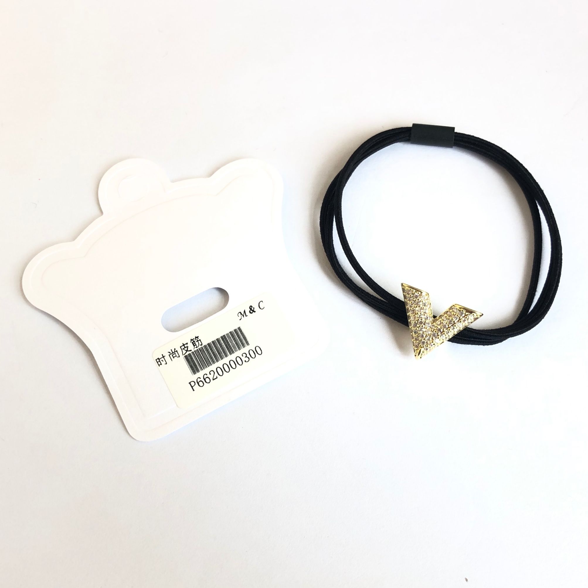 Korean style diamond-encrusted "V" three-strand black nylon rubber band