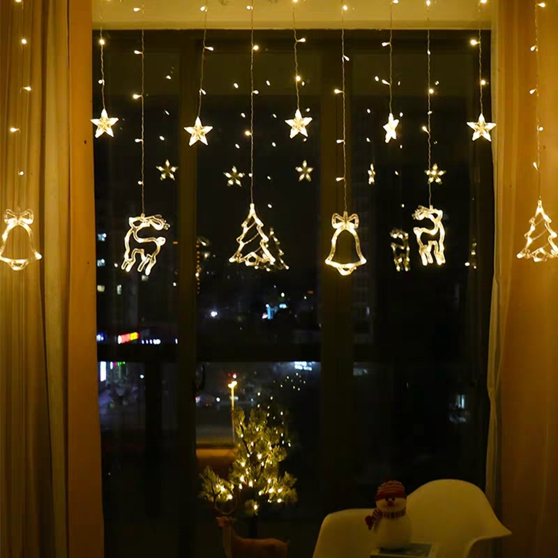 圣诞系列窗帘灯3米LED窗帘灯圣诞节日房间装饰彩灯创意小鹿铃铛圣诞树窗帘灯串批发