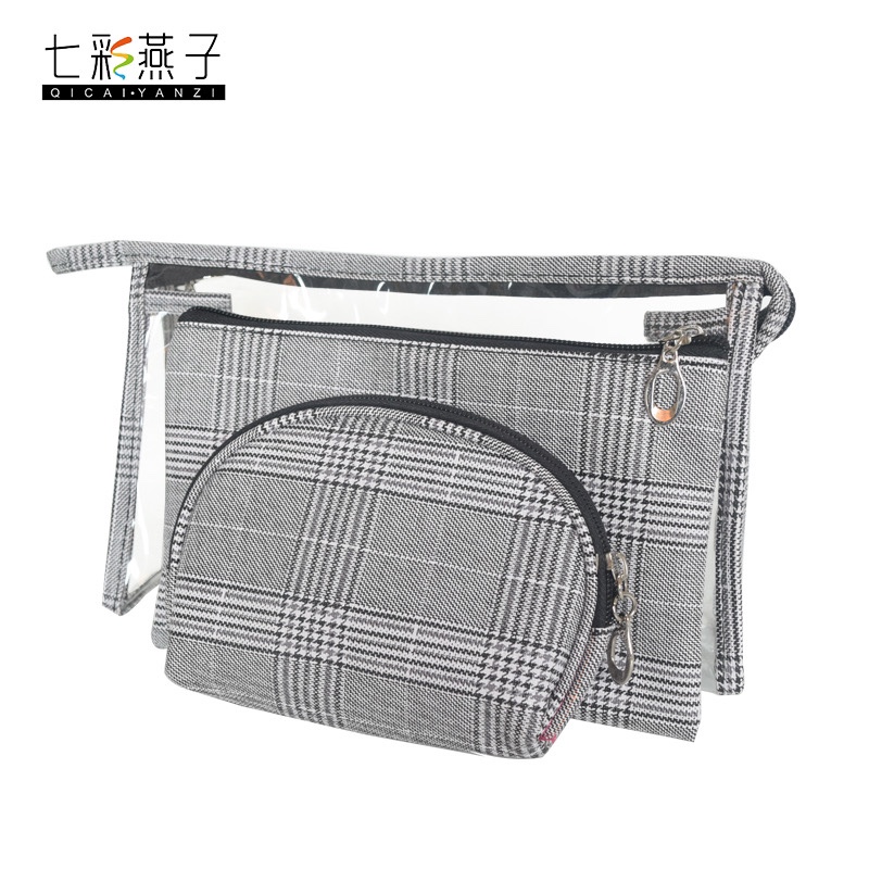 千鸟格子三件套简约PVC化妆包化妆袋洗漱包手拿包图