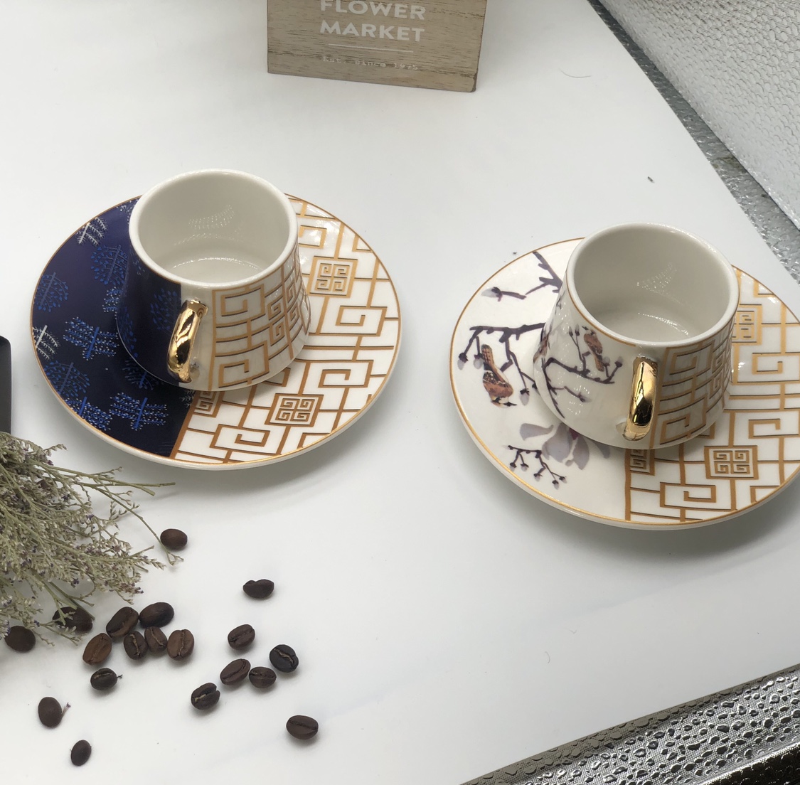 双面花色描金咖啡杯碟套装4色入精致小奢华高颜值家用咖啡杯