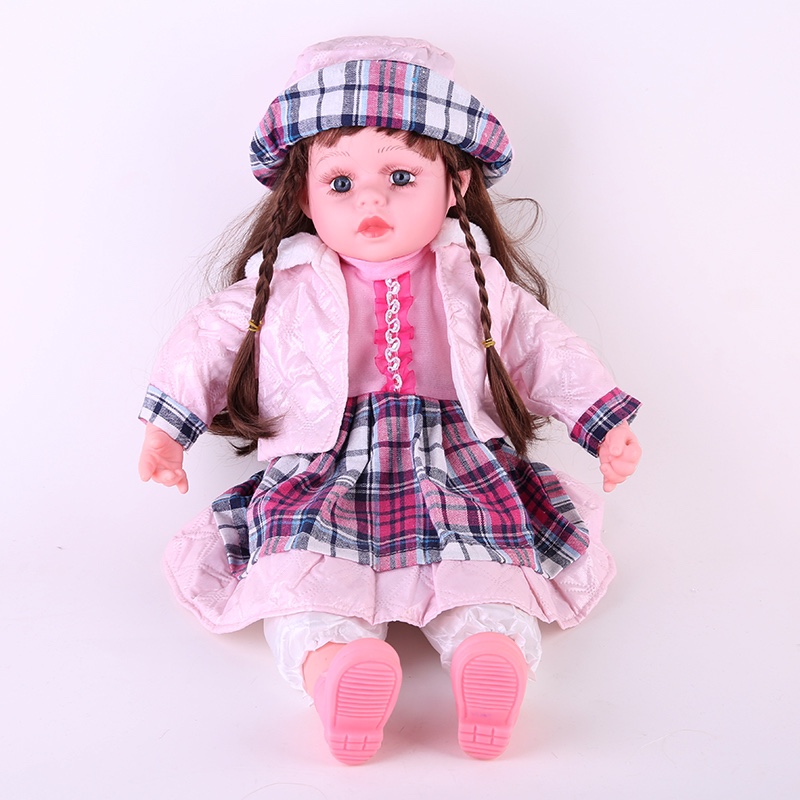 24寸仿真娃娃发声玩具格子裙子粉色外套搪胶宝宝洋娃娃女孩童娃娃