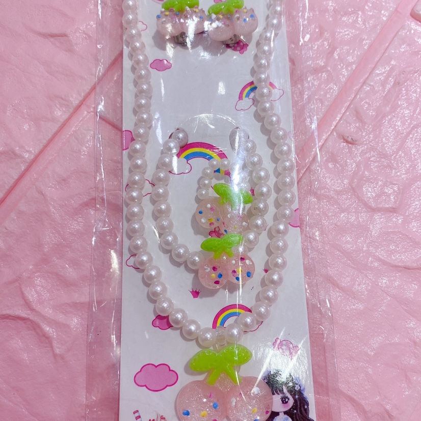 Children's beaded necklace, bracelet, ring, stud, cherry style, warm and cozy details Picture