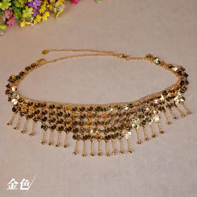 新款肚皮舞腰链广场舞排舞半圆三角腰封埃及亮片金币腰带