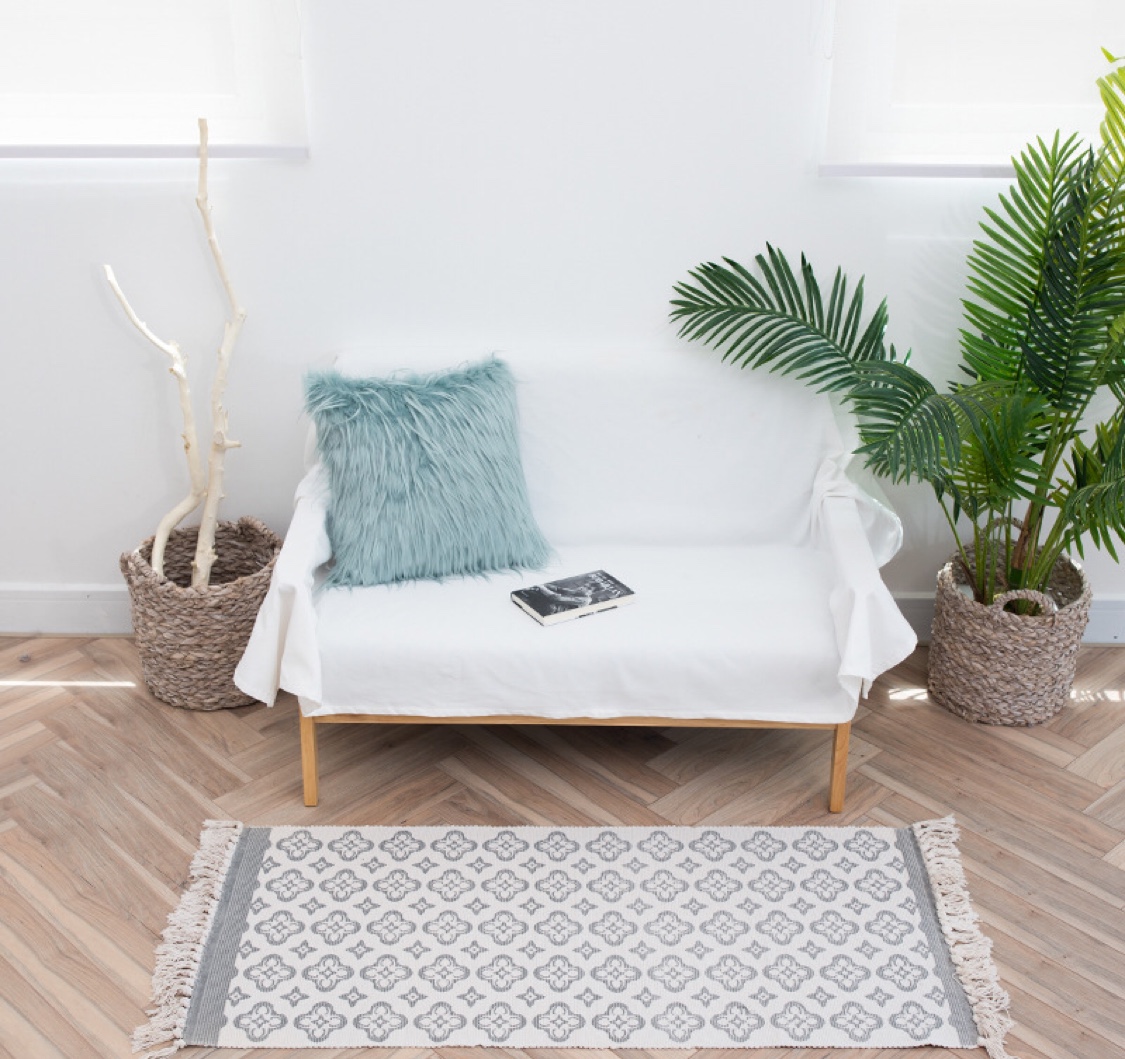 北欧风格百搭棉线编织丝网印花手工打结流苏地垫家用卧室床边脚垫产品图