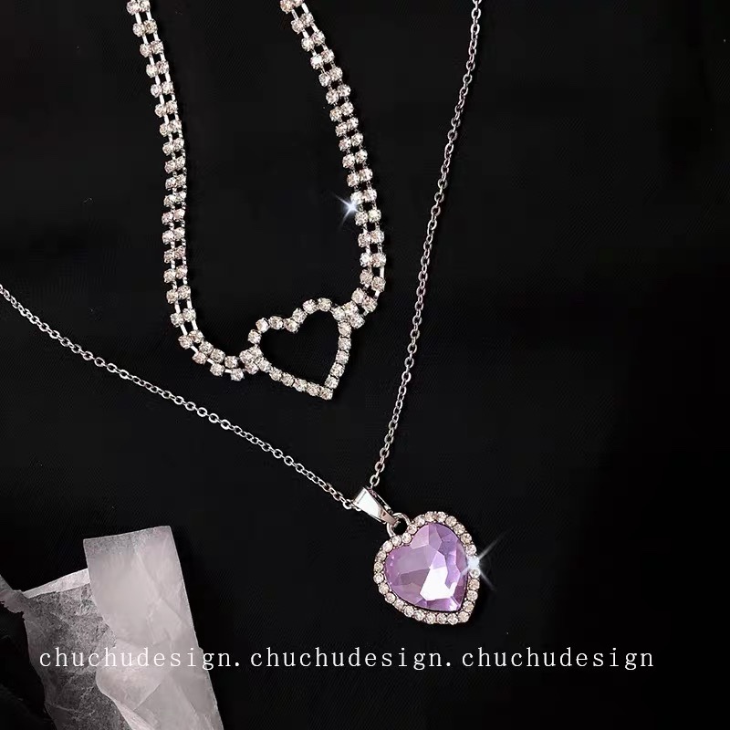 爱心项链 粉色锆石镶嵌水钻细项链 水钻项链套装图