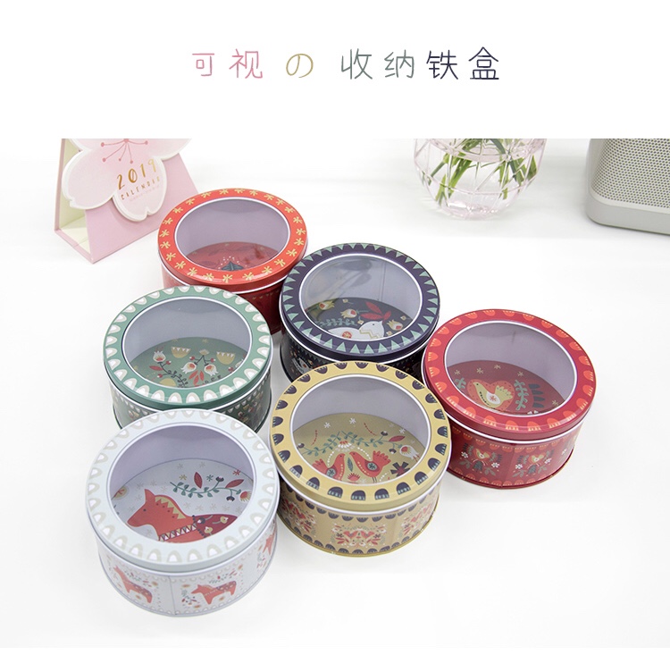 Tinplate transparent film round tin cookie jar children's candy box sundry storage box