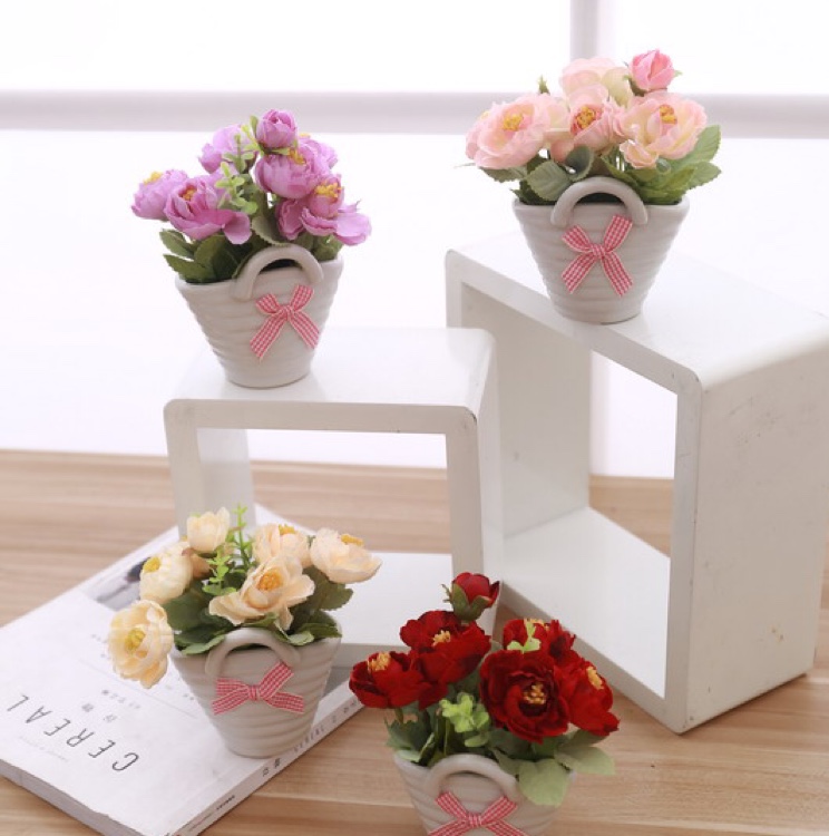 陶瓷小挂蓝茶包 假花 套装盆栽