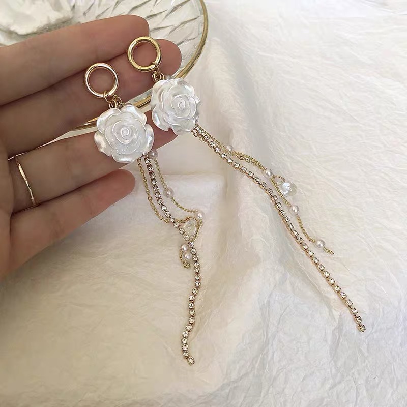 贝壳花朵耳环 锆石镶嵌流苏 珍珠流苏耳环耳饰